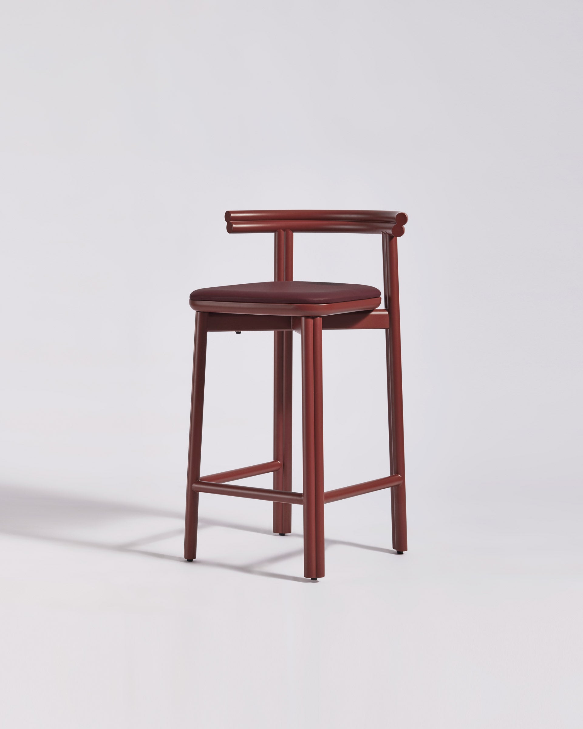 Twill Metal Bar Chair Upholstered Seat | Rust Red Metal Counter Stool | GibsonKarlo | DesignByThem ** HF2 Maharam Lariat (Vinyl) 044 Maroon