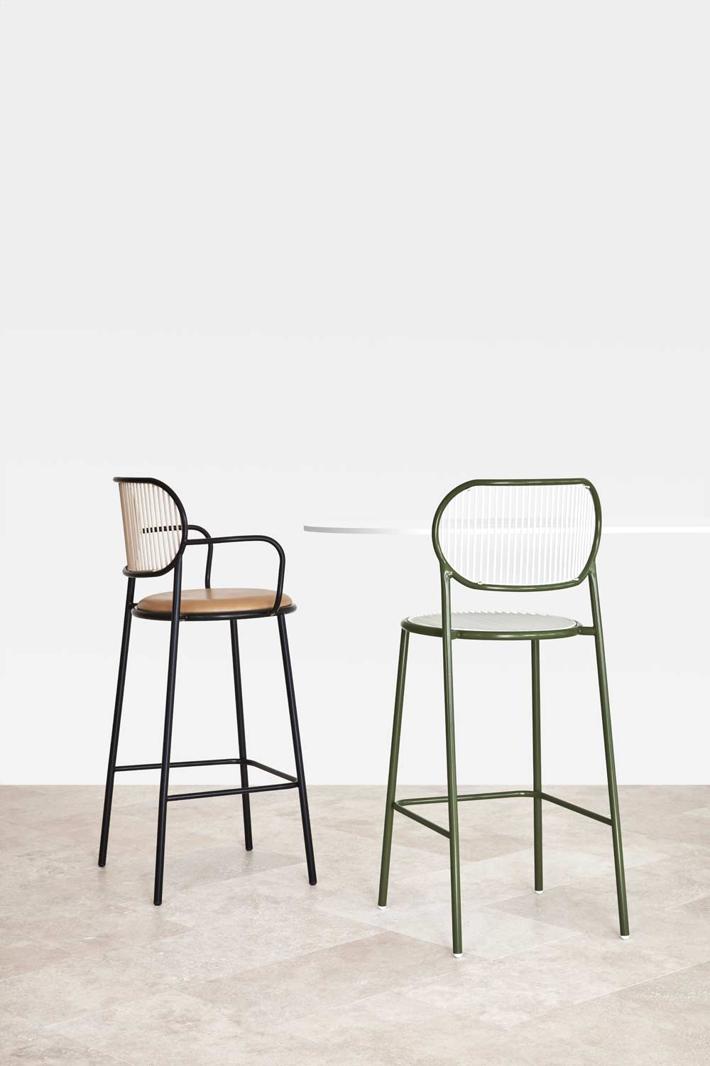 Piper Bar Counter Chair Upholstered | Fabric or Leather Seat | Designed by GibsonKarlo | DesignByThem ** Seat pad: HL1 Primary - BA28 Butter. Custom green powder coat, MOQ required.