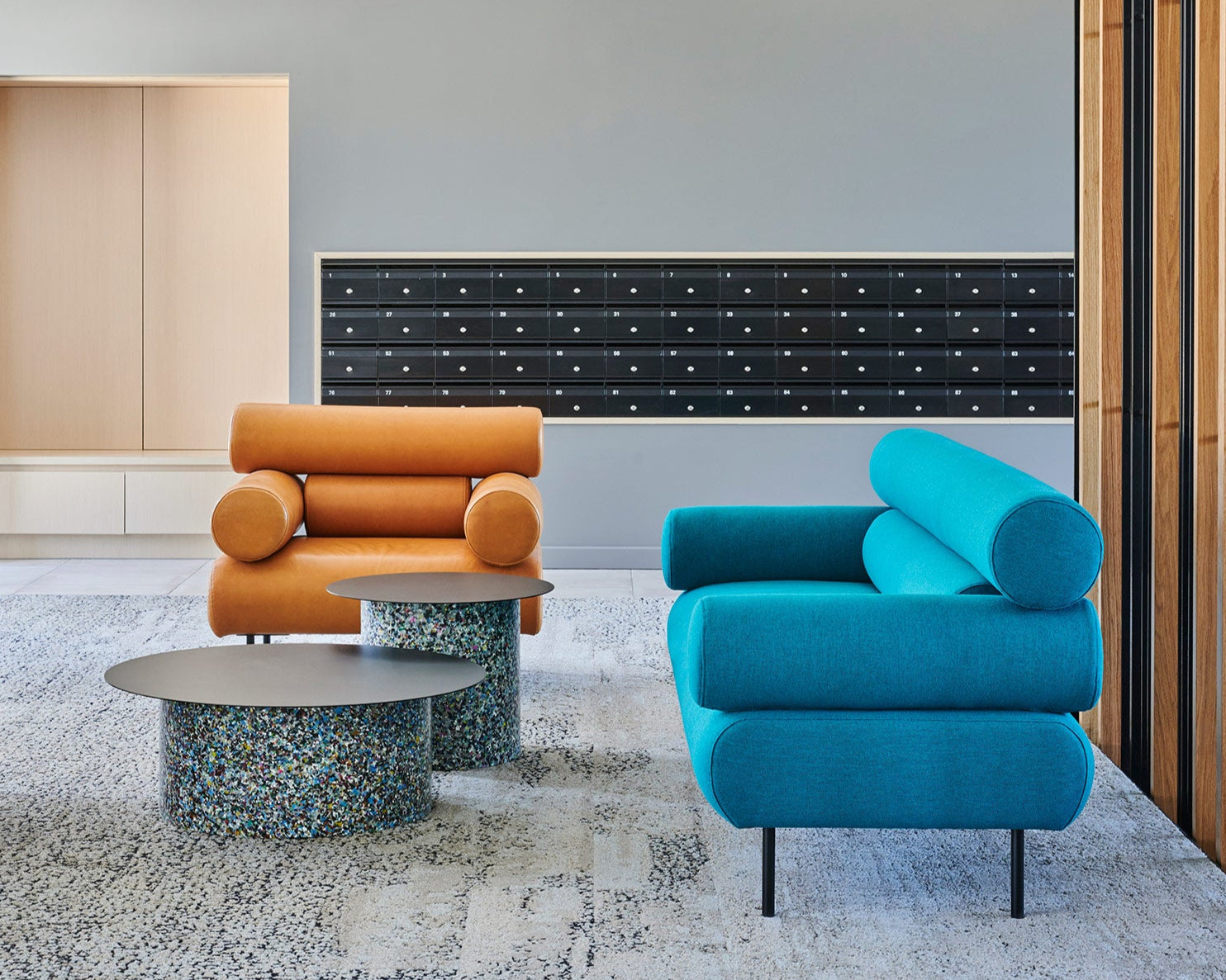 Cabin Leather Armchair & Cabin Lounge | Confetti Coffee Table | Recycled Plastic with Black Metal Top | The Henry Retirement Village Canberra | Design By Them | Gallery