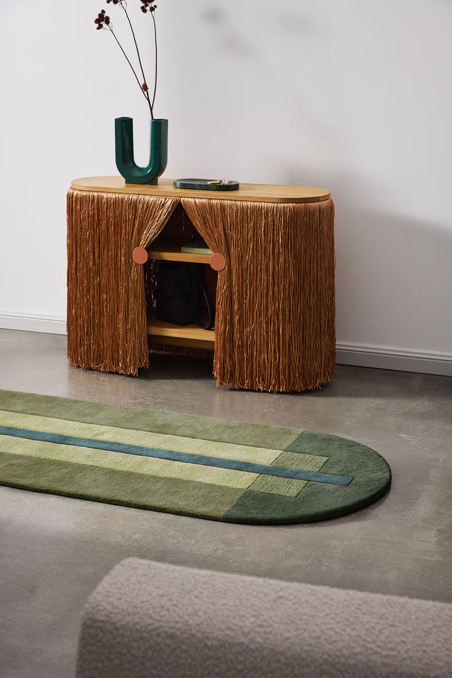 Overlay Runner - Large Olive No Fringe by Danielah Martinez | Weaver Cabinet by Elliat Rich | Felix Vase by Rhys Cooper | Design By Them