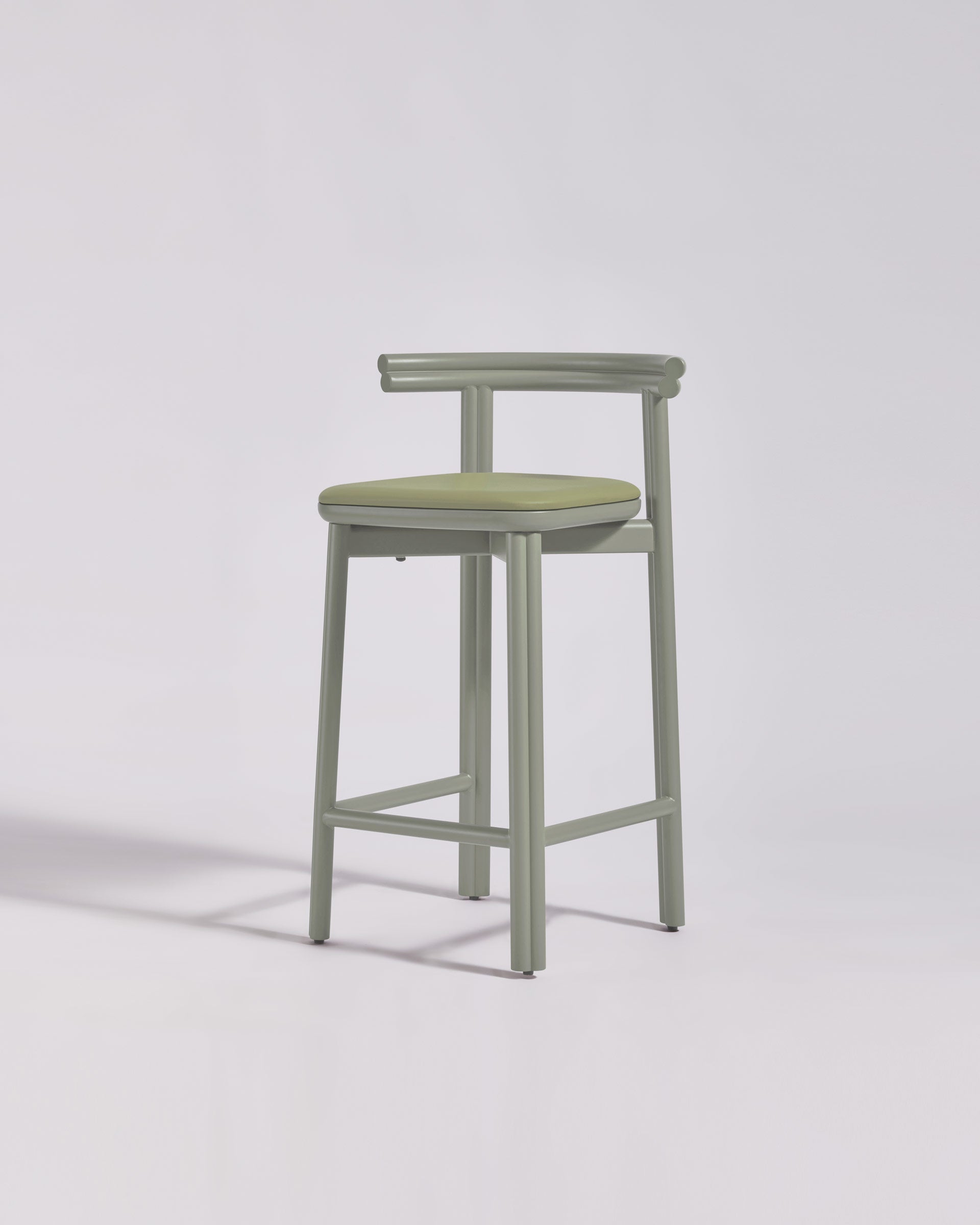 Twill Metal Bar Chair Upholstered Seat | Pale Eucalypt Metal Counter Stool | GibsonKarlo | DesignByThem ** HF2 Maharam Lariat (Vinyl) 047 Purslane