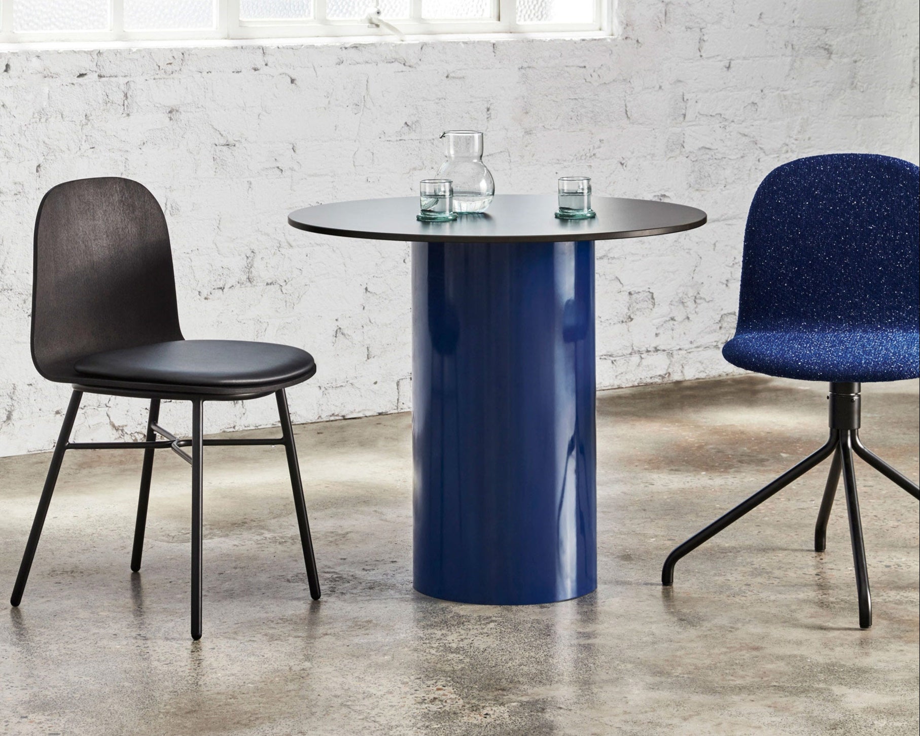 Dial Table Custom Navy with Potato Chairs | Pedestal Indoor Outdoor Round Table | Design By Them | Gallery