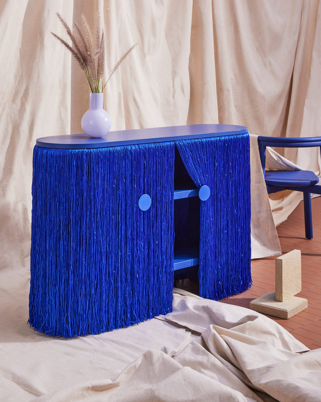 Blue Weaver Cabinet | Fringed Credenza | Ultra Blue Oak | Elliat Rich | DesignByThem