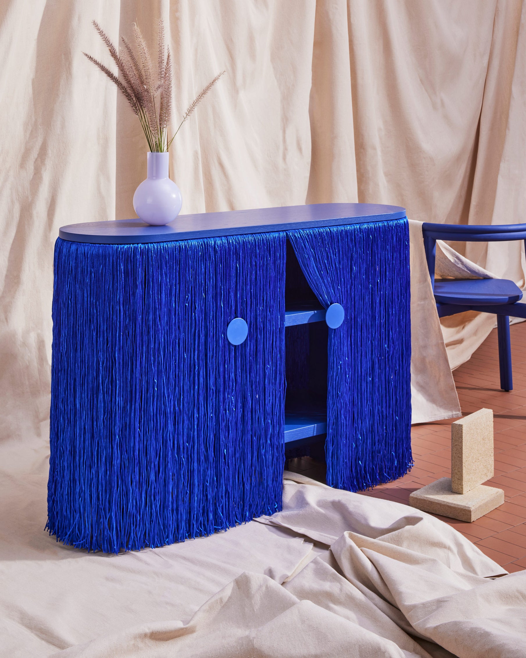 Blue Weaver Cabinet | Fringed Credenza | Ultra Blue Oak | Elliat Rich | DesignByThem 