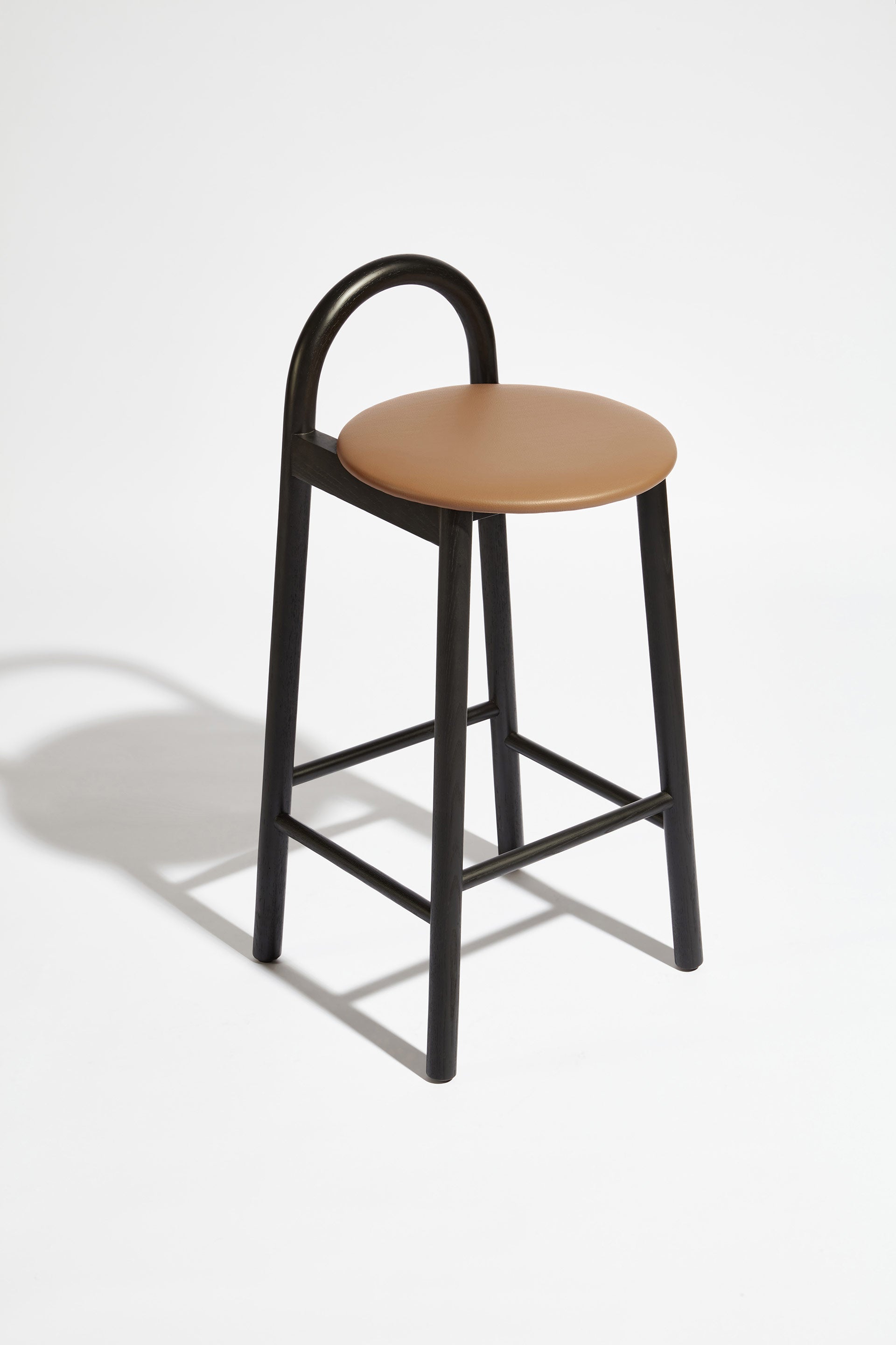 Bobby Timber Bar Counter Stool with leather seat pad | DesignByThem **  HF2 Maharam Lariat (Vinyl) 001 Camel / Black Stained