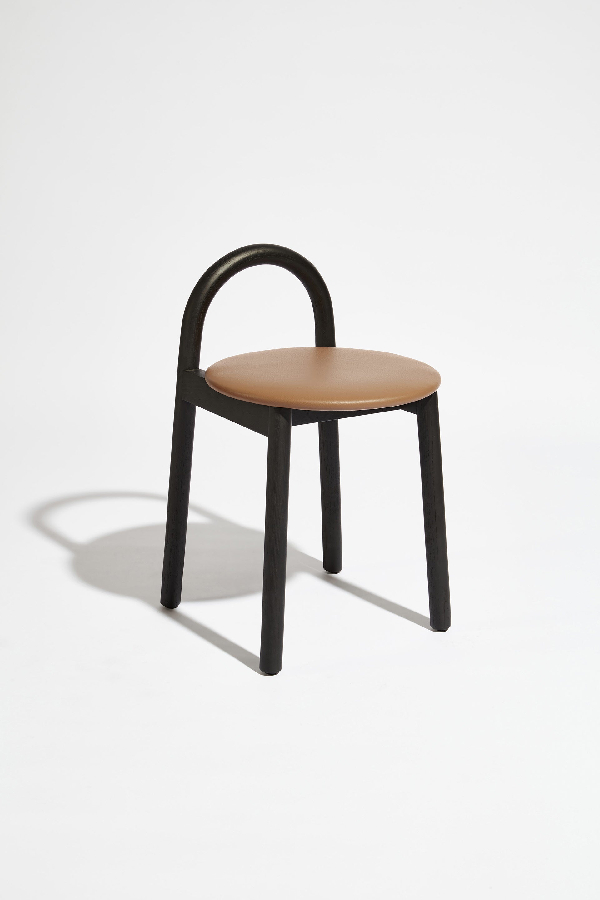 Bobby Timber Low Stool with leather seat pad | DesignByThem **  HF2 Maharam Lariat (Vinyl) 001 Camel / Black Stained Ash