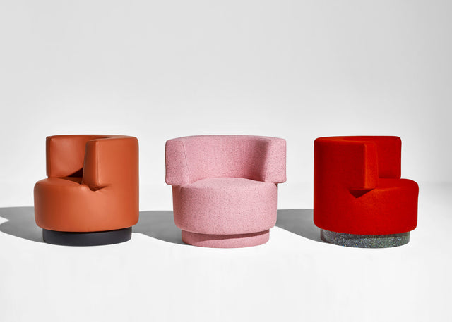 Confetti Armchairs | Kvadrat Pilot Pink, Red and Tan Leather | Recycled Plastic Base | DesignByThem | Gallery