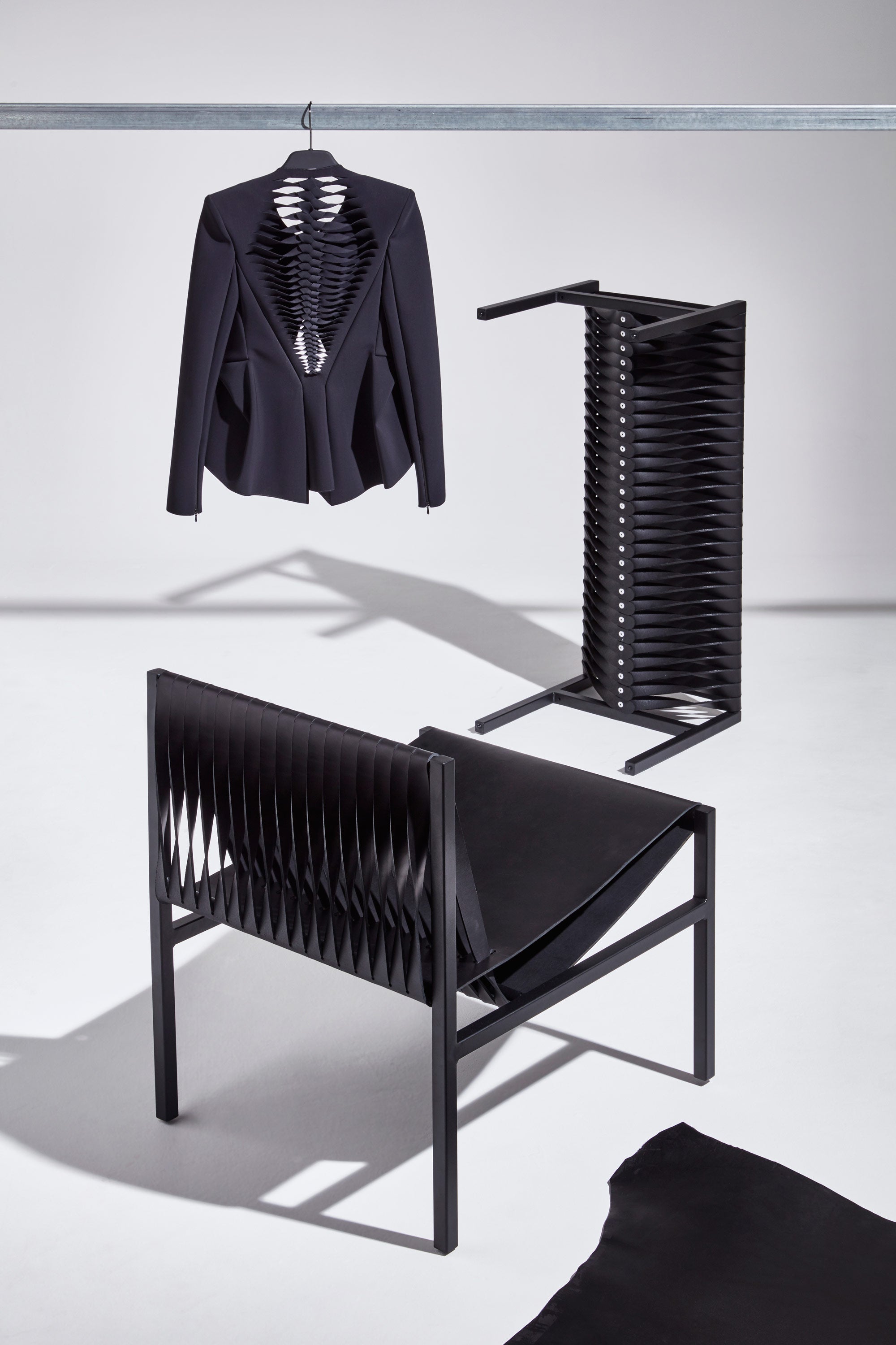 DL Lounge Chair & Bench by Dion Lee, Sarah Gibson & Nicholas Karlovasitis | Saddle Leather & Metal | DesignByThem