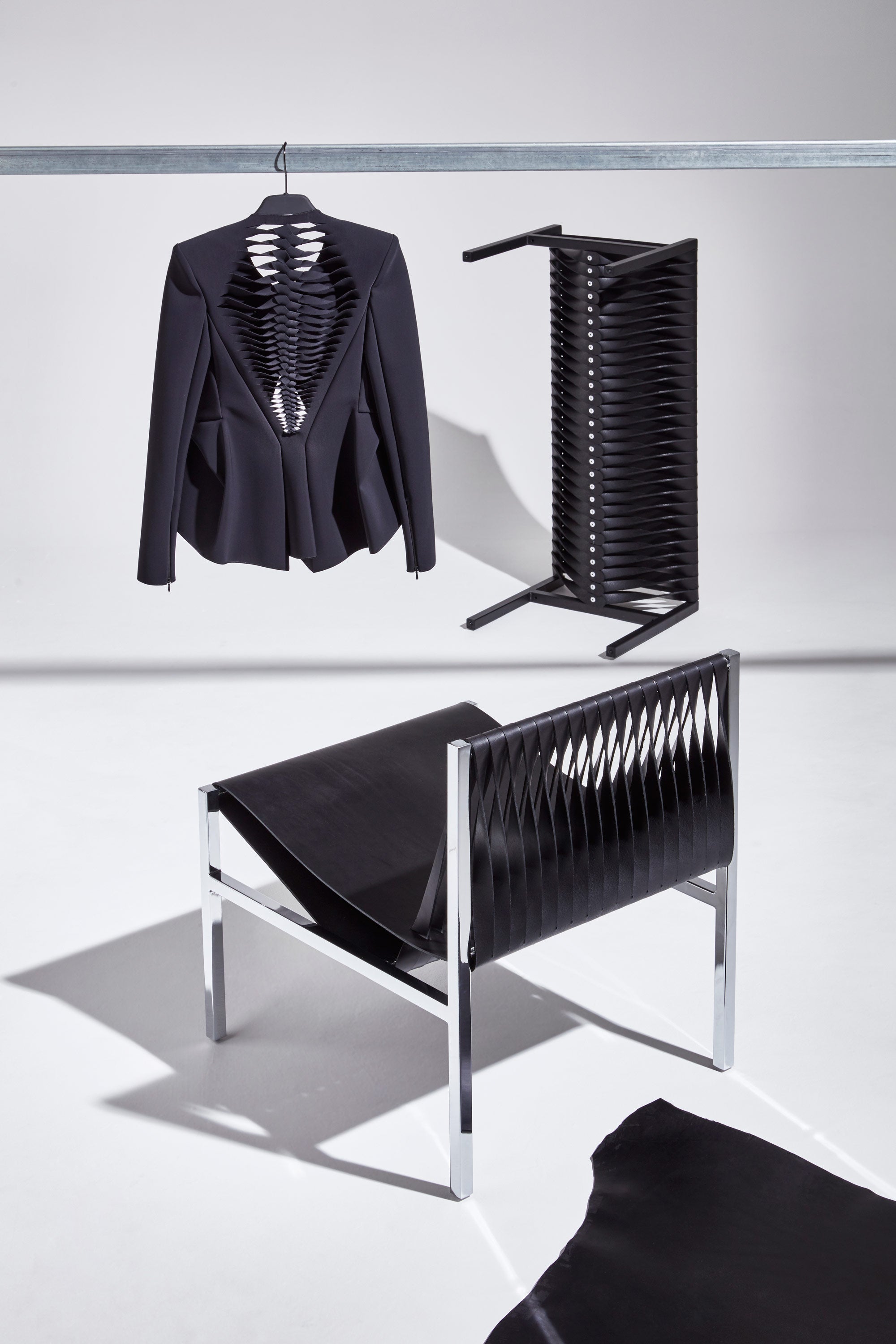 DL Lounge Chair & Bench by Dion Lee, Sarah Gibson & Nicholas Karlovasitis | Saddle Leather & Metal | DesignByThem