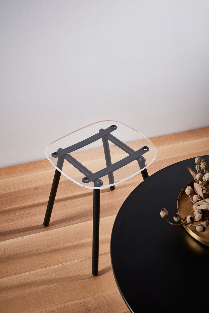 Fenster Low Stool | Clear Acrylic & Black Stainless Steel Indoor Outdoor Seating | GibsonKarlo | DesignByThem | Gallery